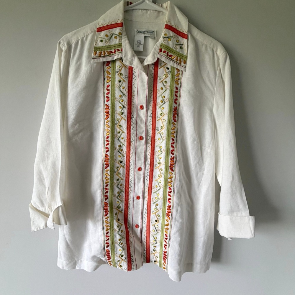 Coldwater Creek Linen Cotton Embroidered Button Up Shirt White Orange Green L